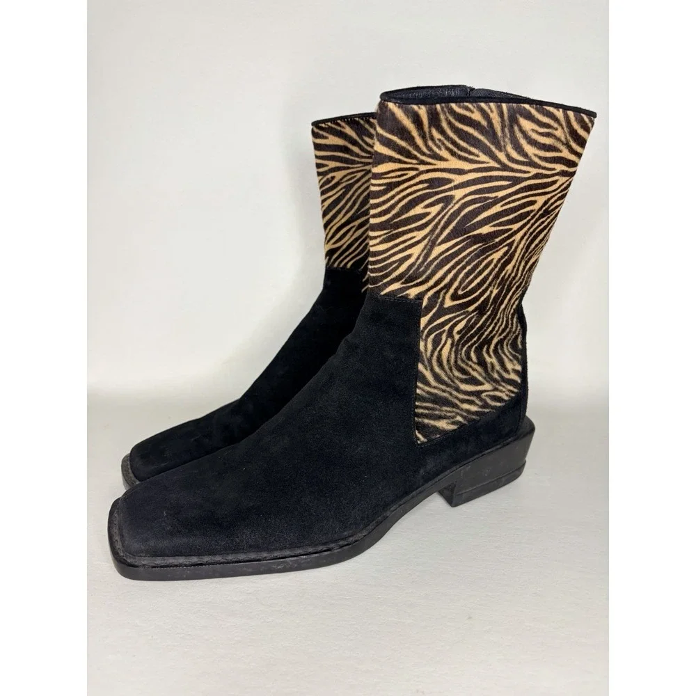 Womens Stuart Weitzman - Black W/ Tan & Brown Animal Print Boots, Zip Up, Size 8
